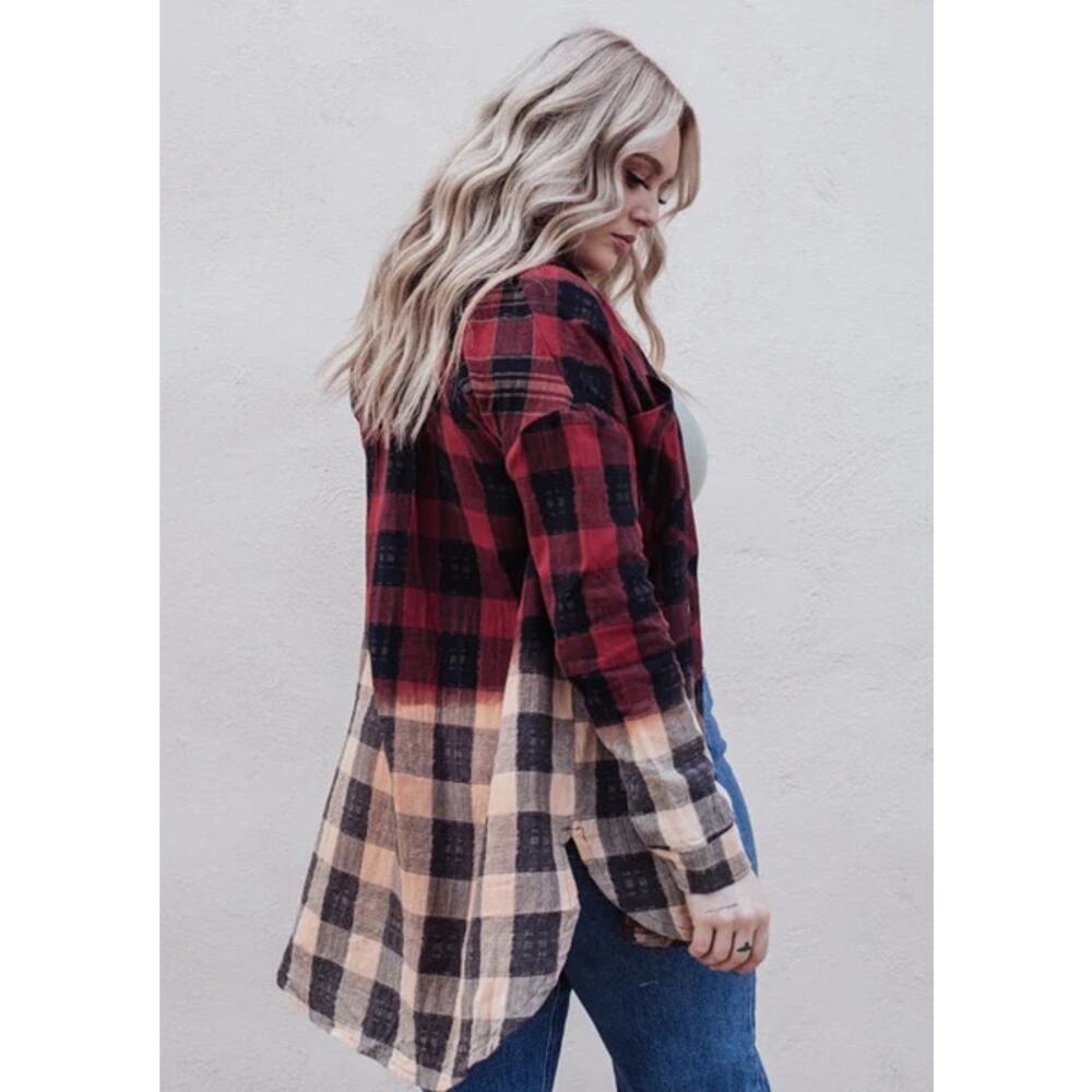 POL Bohemian Inspired Plaid Ombré Button Down Size Women M Medium‎ Oversized Fit - Picture 2 of 9